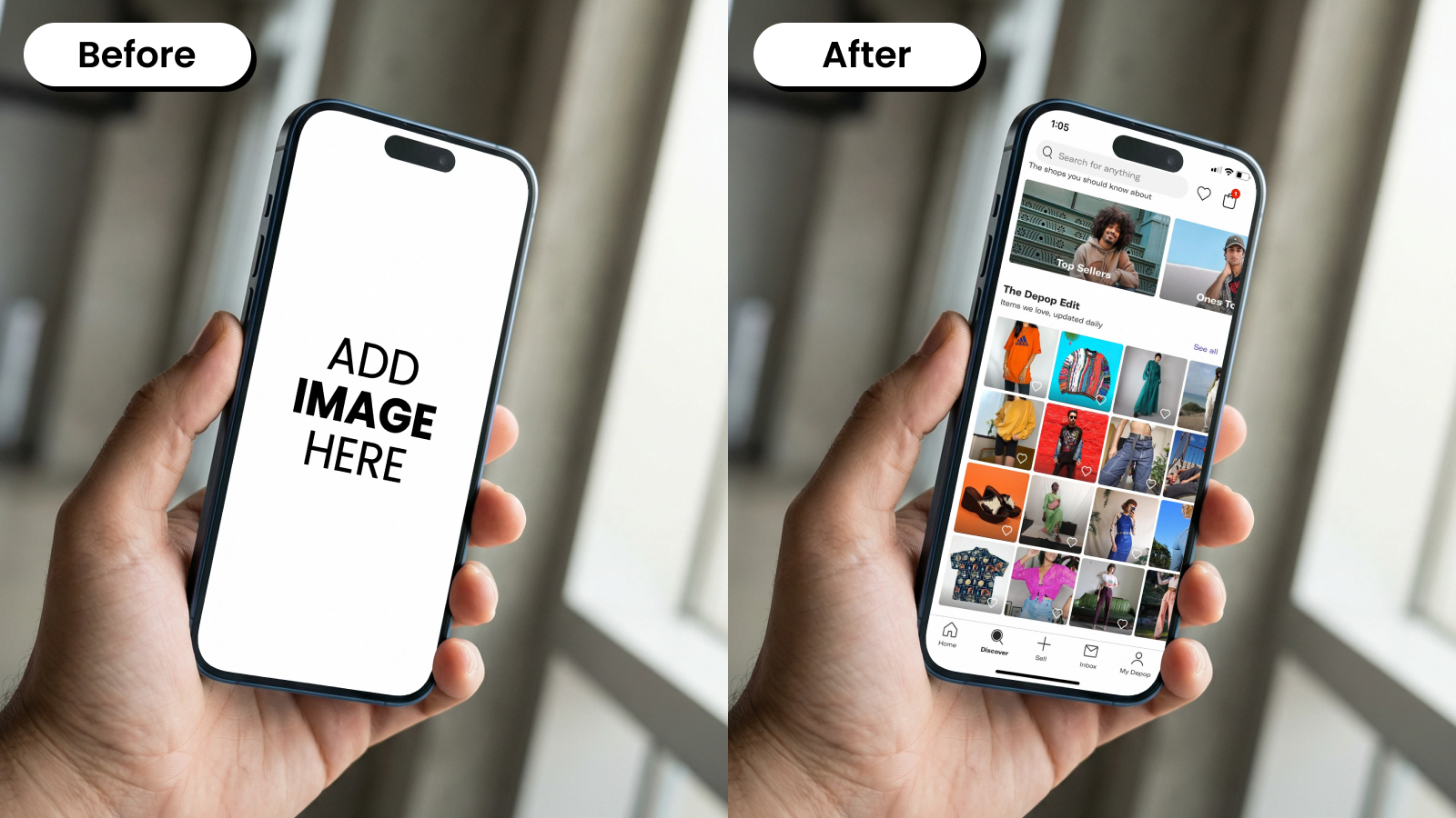 Before and after of a hand-held iPhone mockup template